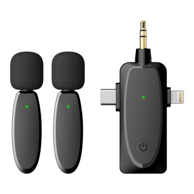 China Lavalier Microphone OEM Factory Clip on Mic Wireless Portable 3 in 1 Receiver Dual Mic Lavalier Wireless Microphone for Smart Phone Laptop Camera for sale