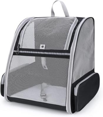 China Gray Foldable Pet Dog Carrier Cat Backpack Viable Portable Backpack Grid Expandable With Inner Safety Leash for sale