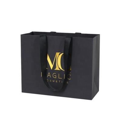 China Wholesale Recyclable Gold Foil Recyclable Custom Logo Gift Bags Shopping Bags Luxury Black Cardboard Paper Bags for sale