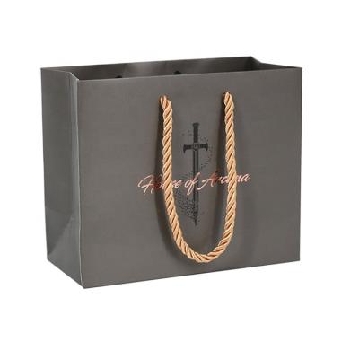 China Custom Logo Printed Retail Shopping Packaging Recyclable Gray Paper Bag With Nylon Twisted Handle for sale