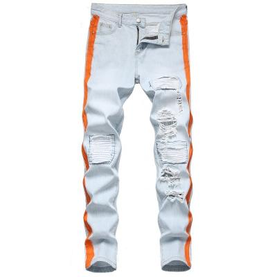 China Breathable Mens Skinny Stripe Color Printed Ripped Biker Blue Jeans for sale