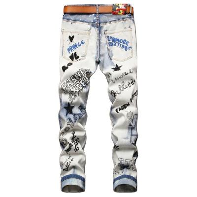 China Wholesale Men's Slim Jeans Breathable Graffiti Printing Jeans Letter Embroidered To Stretch Bottom Narrow Pants for sale