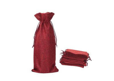 China Eco Friendly Red  Brown Burlap Wine Bottle Bags With A Small Inside Pocket for sale