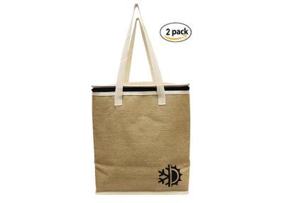 China Large Size Natural Jute Insulated Cooler Tote Bag With Cotton Twill Handles for sale