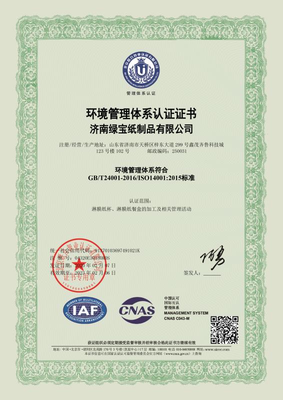 ISO14001 - Jinan Lvbao Paper Products Co., Ltd.