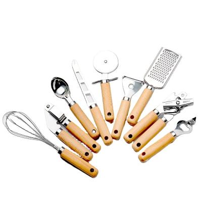 China Viable Kitchen Instruments Wooden Handle Miscellaneous Small Pieces Kitchenware Stainless Steel Egg Beater Baking Set Pizza Cheese Knife for sale