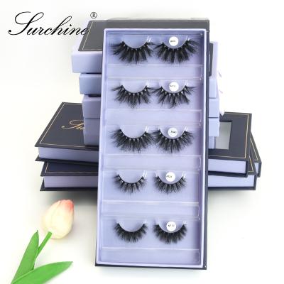 China Durable Full Strip Lashes Wholesale 5d 25mm Los Angeles Luxury Fluffy Mink Eyelashes With 5 Pairs Wick Dark Blue Box Drawer And Own Logo for sale