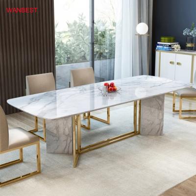 China Adjustable (Height) Marble Top And Gold Base Stainless Steel Stone Dining Table Set Dining Room Home Furniture for sale