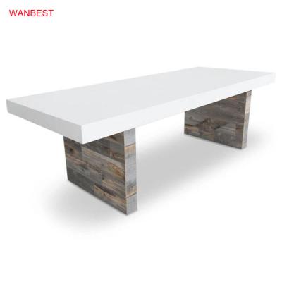 China (Size)Adjustable White Solid Surface Stone Corian Top And Wood Base Modern Dining Table for sale