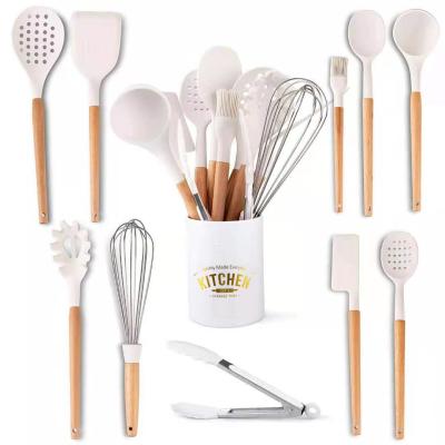 China Viable Milky White Color 10pcs Wooden Handle Silicone Kitchen Cookware Set for sale