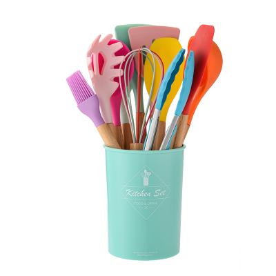 China Sustainable Nature Wooden Handle Silicone Kitchen Utensils Set With Utensils Jugs for sale