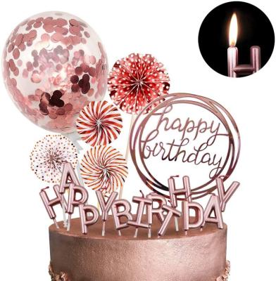 China Cake Decor Rose Gold Cake Topper Party Cake Accessory Decoration with Happy Birthday Candles Acrylic Confetti Balloons Paper Cake Topper Star Fan Pink for sale