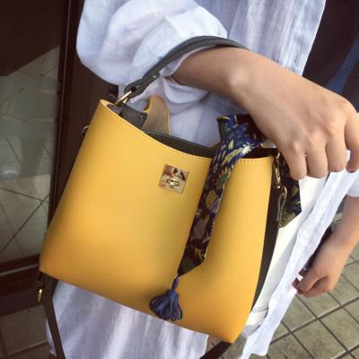 China Fashion Contrast Bucket Bags Women Handbags 2021 Shoulder Scarves Bow Luxury Brand Purses Fashion Handbags for sale