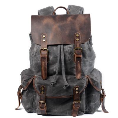 China Casual Waxed Canvas Leather Backpack Men's Travel Bag Large Capacity Waterproof Waterproof Drawstring Laptop Bag for sale