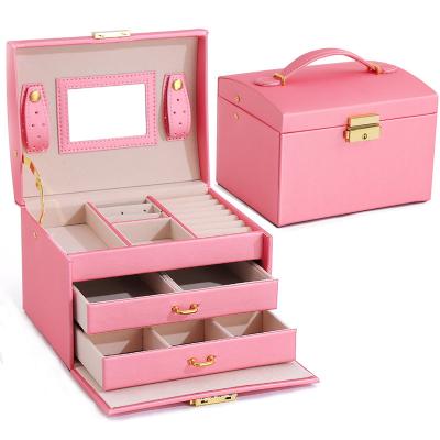 China Ornament Packaging Box Wholesale PU Leather Double Drawer Jewelry Box With Mirror Lock Portable Jewelry Box Stackable for sale