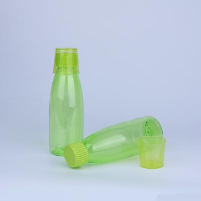 China Medical Use 200ml Eco-friendly Material Liquid Round Syrup Plastic Packaging Bottle With Measuring Cup for sale