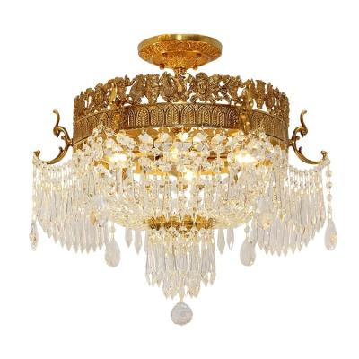 China Surface Mounted Luxury Vintage Crystal Round Hallway Brass Ceiling Mounted Lamp for sale