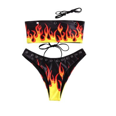 China 2021 Hot Selling Anti-UV Bandeau Bikini Lace Up Swimwear ZAFUL Flame Print Grommets Swimwear for sale