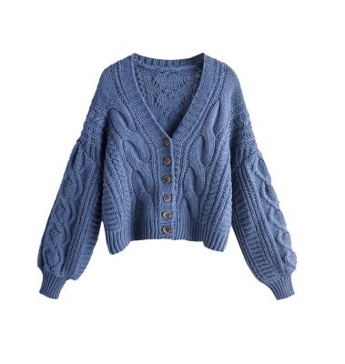 China Anti Shrink Lantern Sleeves Cable Knit Chunky Knitted Cardigans For Women for sale