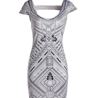 China Anti-Static Elegant V-Neckline Short Sleeve Geometric Print Women's Summer Dresses for sale