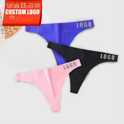 China OEM Logo Print T Back High Cut Pink Designer Letter Traceless Sexy Seamless Thongs Spandex Thongs Women Breathable Custom Panties Underwear for sale