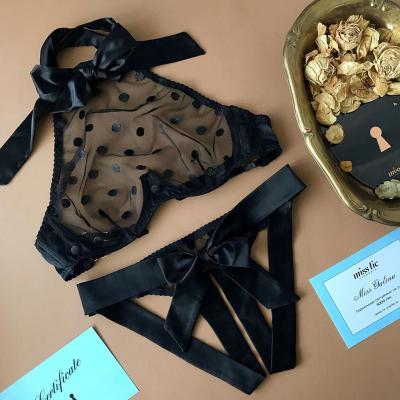 China Valentine's Day 66%polyester new design high quality hollow black ribbon bow transparent dot silk sexy lingerie set with bowknot for sale