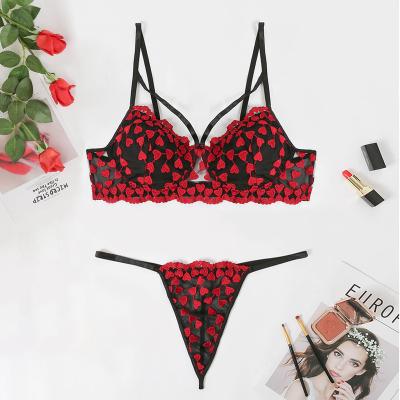 China Big bra and thong G - XL-4XL healthy red black embroidery heart lace perspective string lenceria sexy plus size lingerie set for sale