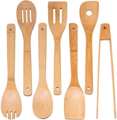 China Modern Wooden 7pcs Cookware with Tongs and Turner Bamboo Kitchen Spoon Slotted Spoon Utensils for sale