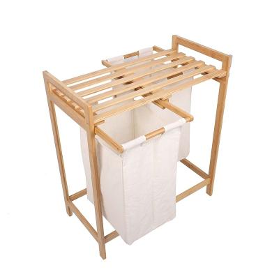 China Modern Hot Sale Laundry Basket Storage Organizer Box Hamper Bamboo Wooden Rack With 2 Expandable Laundry Bag for sale