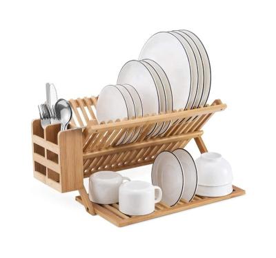 China Sustainable 2 Tier Eco-Friendly Bamboo Kitchen Cooking Tools Utensils Collapsible Rack Drying Rack for sale