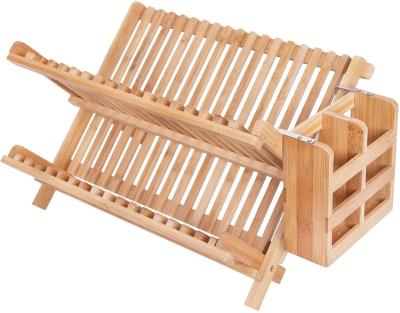 China 2 Tiers Sustainable Cheap Single Bamboo Dish Rack Restaurant Premium Foldable Dish Drying Racks for sale