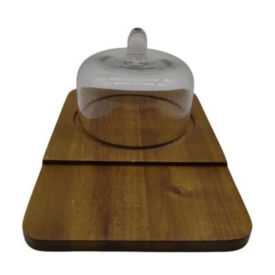 China Wholesale Viable Wooden Cheese Board Cheese Tool Kit With Glass Dome Glass Dome Wooden Board Set for sale