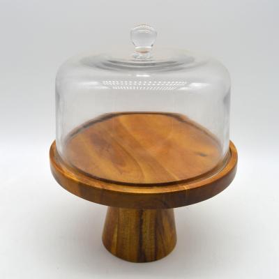 China Sustainable Widely Used Acacia Wood Legs Around Wooden Server Cake Stand With Glass Lid for sale