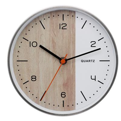 China Art Decor New Design 2022 8 Inch Modern Pattern Wood Effect Color Matched Dial Metal Wall Clock for sale