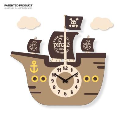 China American Style Wholesale Creative Pirate Ship Designing MDF Clock Kids Room Wooden Wall Clock Decoration for sale