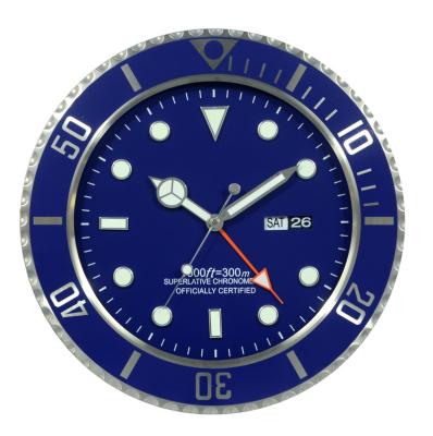 China Calendars Factory Custom Blue Luxury 16 Inch Metal Watch Men Wall Clock With Calendars For Home Decor for sale