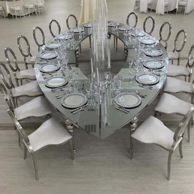 China Luxury Wedding Glass Top Oval Silver Mirror Oval Silver Mirror Steel MDF Use Dining Table for sale