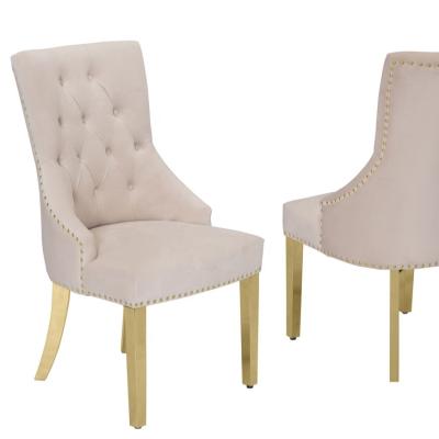 China Luxury Beige Mustard Velvet Gold Legs Brushed Stainless Steel Brass Dining Chair for sale