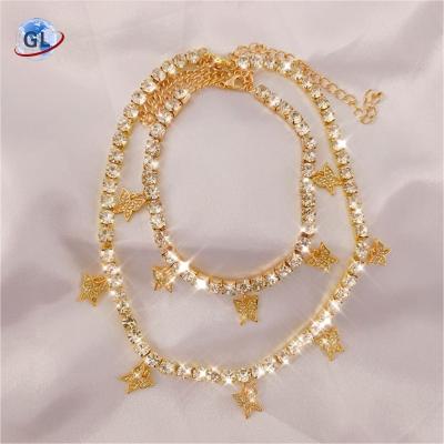 China 2021 Romantic Iced Out Tennis Chain Cubic Diamond Choker Butterfly Necklace Anklet Jewelry Sets for sale