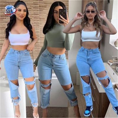 China Radiation protection 2020 hot sale wholesale women plus size ripped women clothes new seller fashion long denim ripped skinny jeans pants women for sale