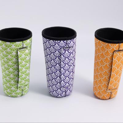 China Insulated Custom Neoprene Insulator Cup Sleeve Reusable Neoprene Reusable Iced Coffee Sleeve with handle strap for sale