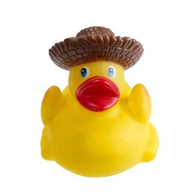 China Eco-Friendly Rubber Duck Weighted Floating Upright Rubber Duck Bath Toy Yellow Rubber Farmer Toy Soft Bath Toy Tropical Duck for sale