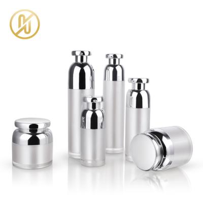 China Round Shape Acrylic Lotion Bottle Cream Jar Cosmetic Luxury Straight Suit Bottle Acrylic Packaging With Pump Cap Container for sale