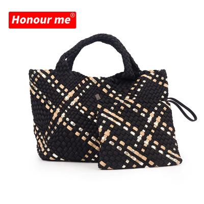 China Fashion New Style Custom Tote Neoprene High Quality Travel Knitted Fashion Colorful Stripe Woven Bag for sale