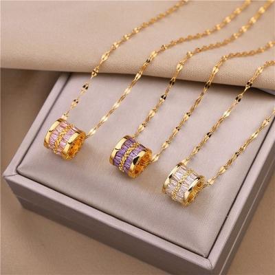 China 2022 New Arrival Vintage 18K Gold Plated Stainless Steel Roman Numerals Diamond Pink Gemstone Fine Jewelry Necklace For Women for sale