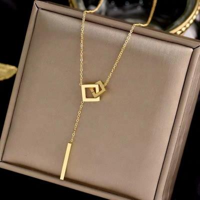 China 2022 Vintage Stainless Steel Geometric Necklace Two Square Locking Buckle Pendant Necklace For Women Men for sale