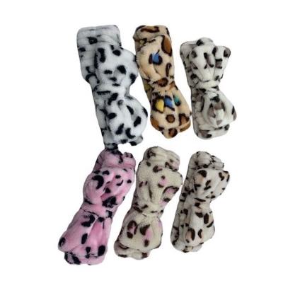 China Wholesale popular cute leopard towel bow tie flannel headbands pour wash face soft elastic headbands for kids for sale