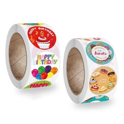 China 1inch Happy Birthday Donut Cake Decoration Party Favors Anti-counterfeit Self Adhesive Round Baking Roll Muffin 500pcs for sale