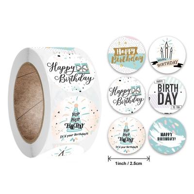 China Waterproof Cute 1inch Happy Birthday Cake Sticker For Baking Handmade Happy Birthday Cake Decoration Party Gifts Sticker Roll for sale