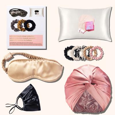 China Anti-Static Custom Logo Label 100% Mulberry Silk Pillow Case Gift Box Mulberry Silk Eye Mask and Silk Scrunchie Pillow Case Set for sale